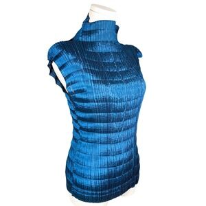 Issey Miyake Vintage Pleats Please Teal Blue Pleated Mock Neck Sleeveless Size 3
